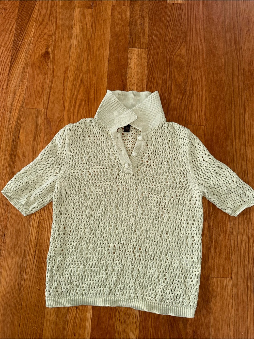 Women’s Light Green Open-Knit Collared Short-Sleeve Sweater Top